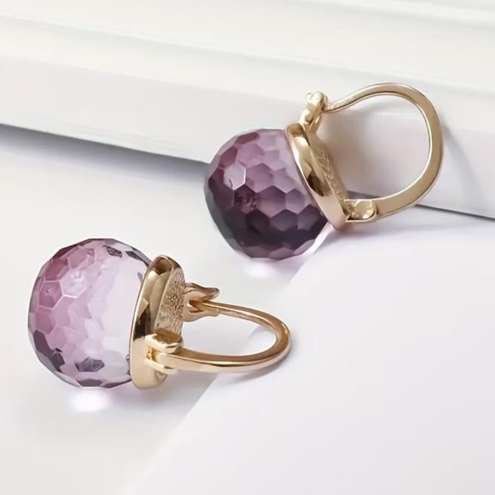 BEEHIVE FACETED PURPLE CRYSTAL BALL GOLDEN PIERCED EARRINGS 65
